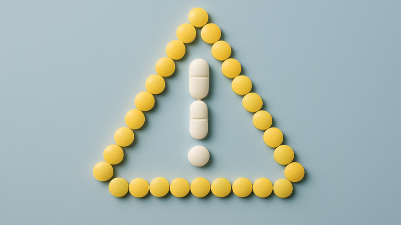 Tablets arranged in a warning triangle shape on a light blue background