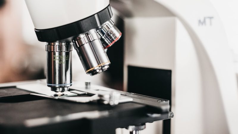 Close-up of a microscope used for research