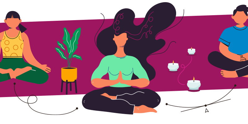 Illustration of people meditating surrounded by plants and candles, reflecting wellness activities.