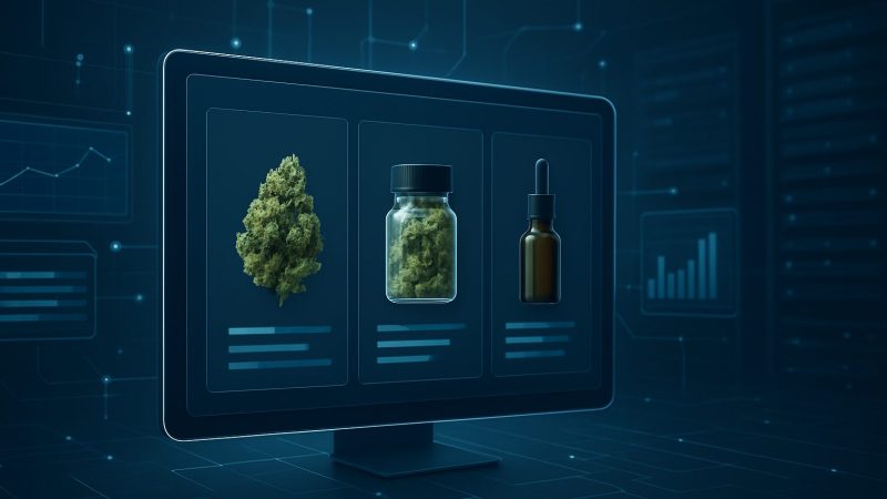 A digital display showcasing cannabis products including buds, a jar, and a dropper bottle against a tech-inspired backg